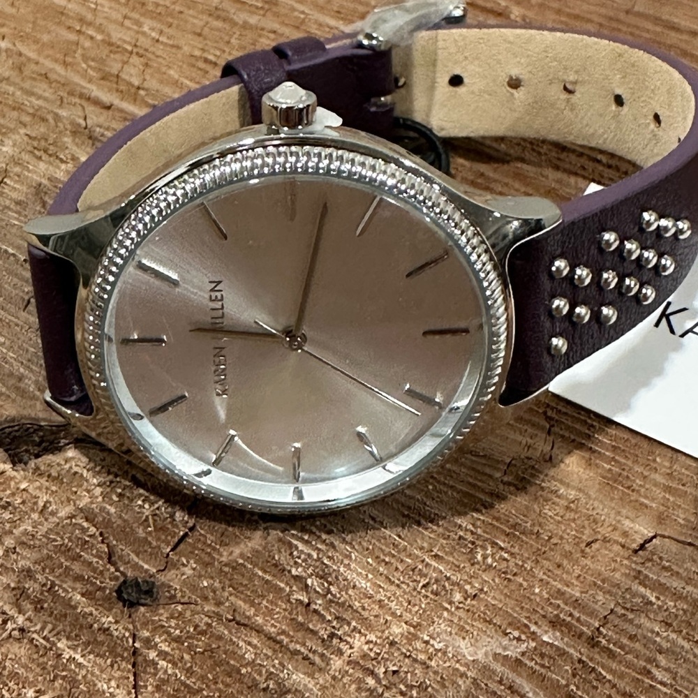 Karen Millen Silver Dial Watch with Purple Studded Strap - Picture 2 of 9